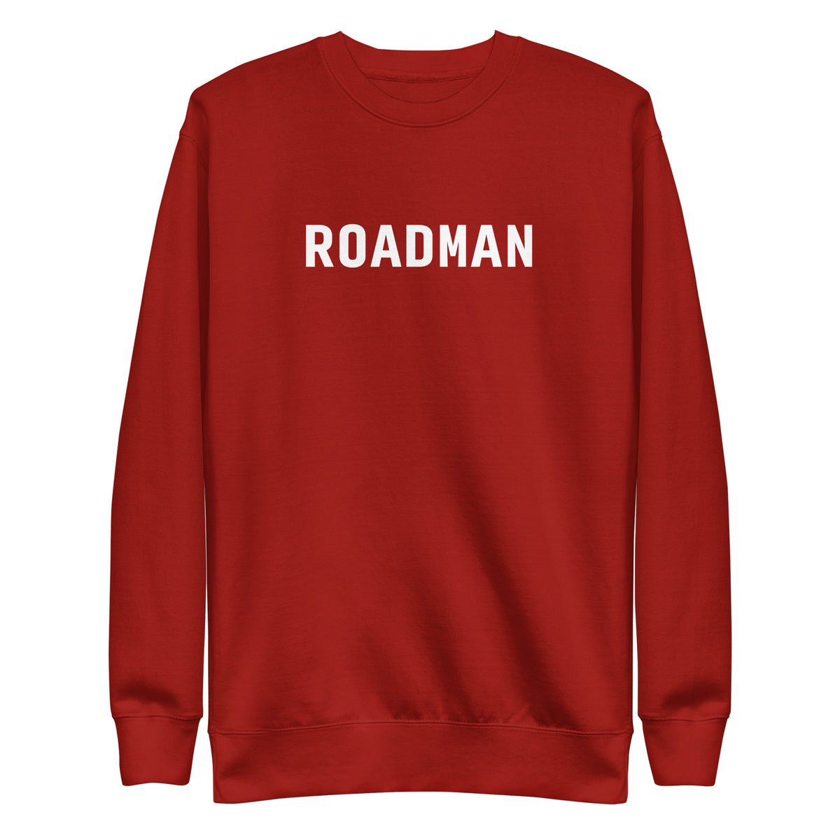 Cardinal sweatshirt with white Roadman lettering, front view.
