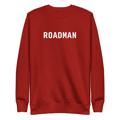 Cardinal sweatshirt with white Roadman lettering, front view.