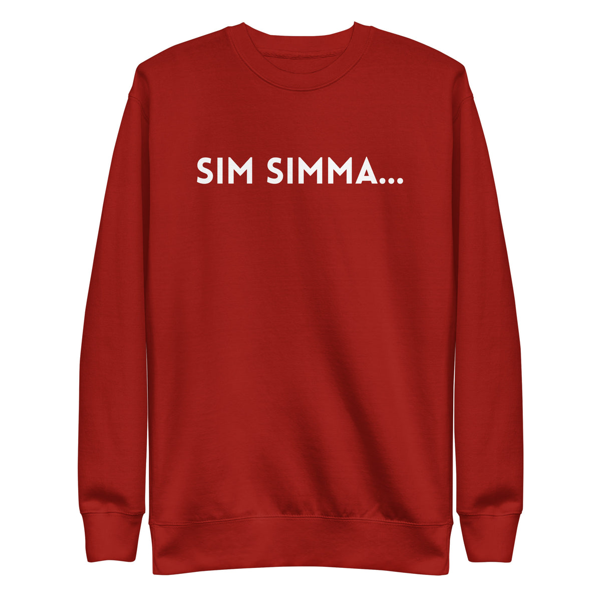 Cardinal sweatshirt with white Sim Simma lettering, front view.