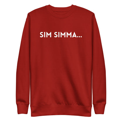 Cardinal sweatshirt with white Sim Simma lettering, front view.