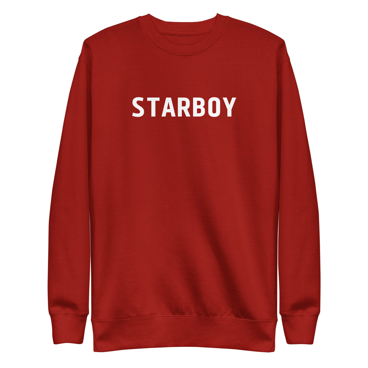 Cardinal sweatshirt with white Starboy lettering, front view.