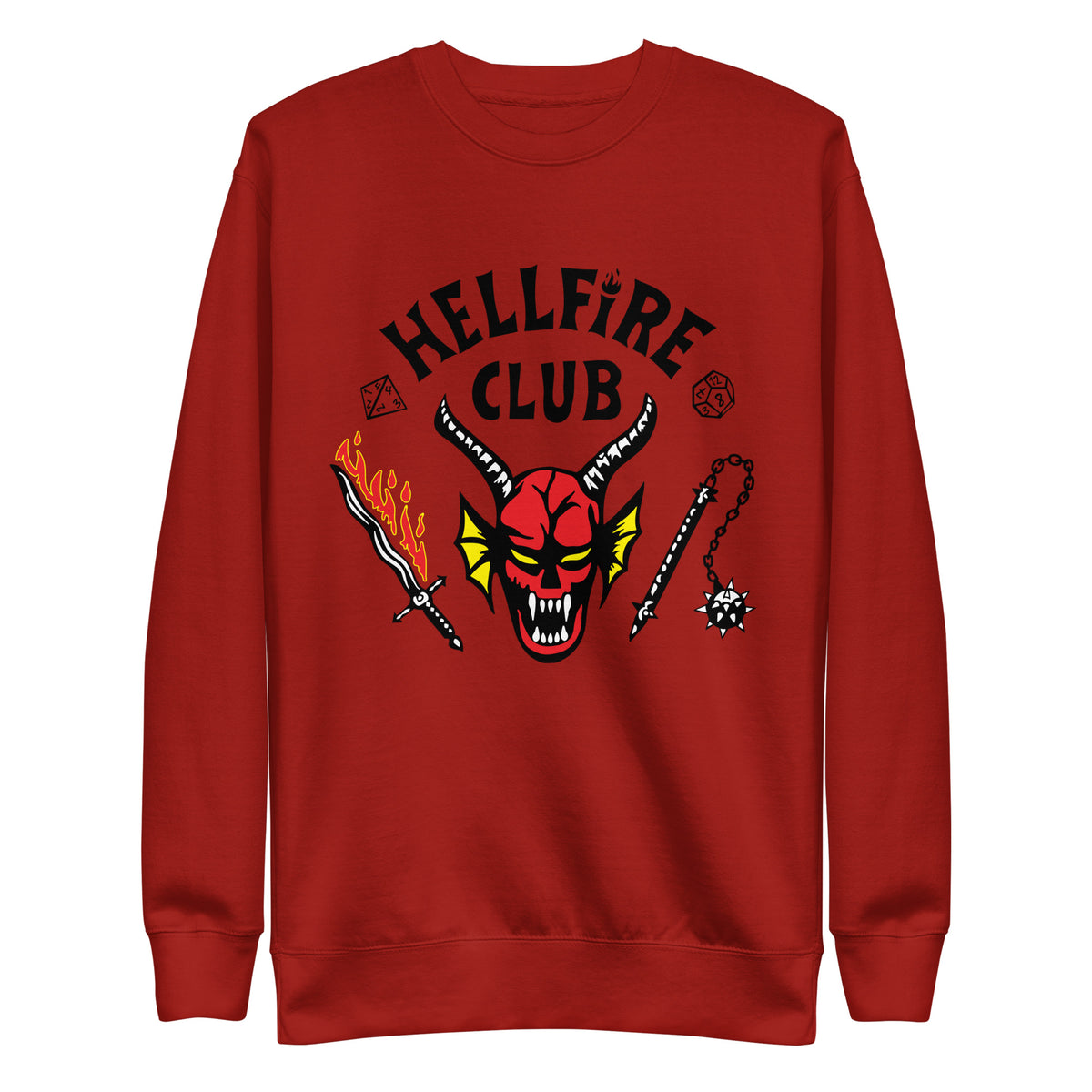 Cardinal sweatshirt with Hellfire Club lettering and a red horned-face graphic, front view.