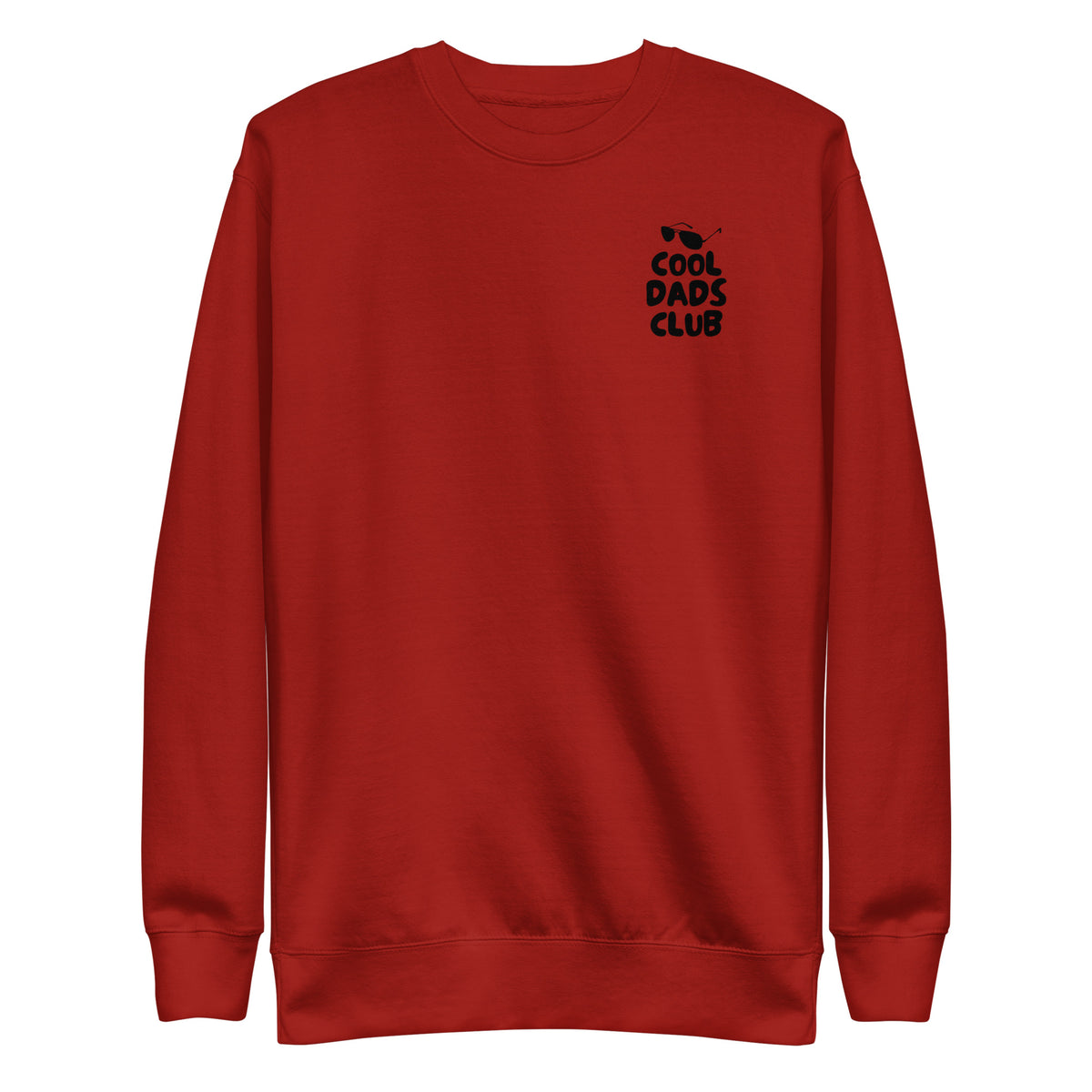 Cardinal sweatshirt, front view with small black Cool Dads Club chest lettering.