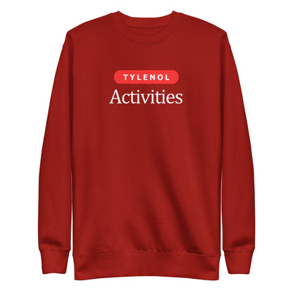 Cardinal sweatshirt, front view with white Tylenol Activities lettering and a red capsule shape.