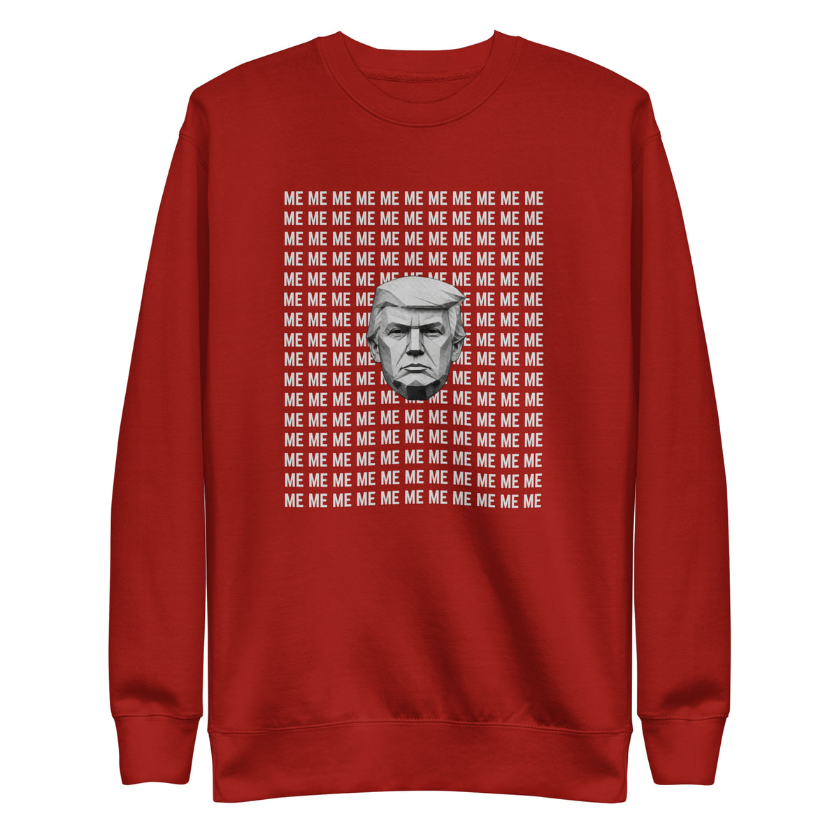 Cardinal sweatshirt, front view, with a monochrome portrait surrounded by repeated white 'ME' lettering.