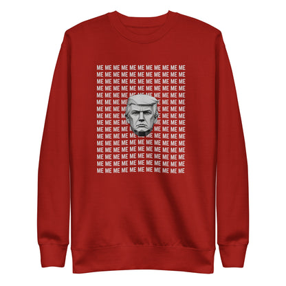 Cardinal sweatshirt, front view, with a monochrome portrait surrounded by repeated white 'ME' lettering.