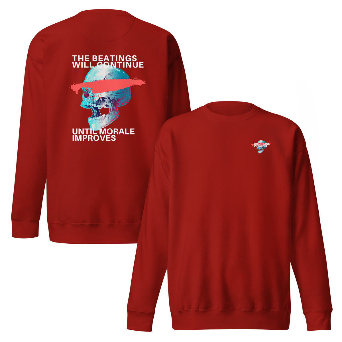 Red sweatshirt, front and back views, with a large skull and slogan on the back, plus a small chest graphic.