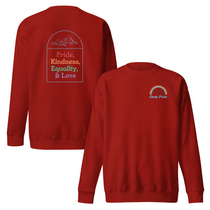 Cardinal sweatshirt, front and back views, with a small chest rainbow and 'Pride, Kindness, Equality, & Love' text on the back.