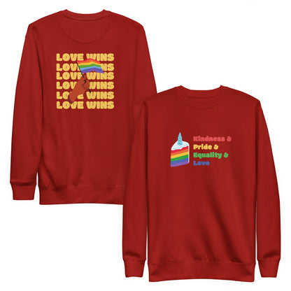 Cardinal sweatshirt, front and back views, with a rainbow-striped graphic on the front and 'Love Wins' lettering on the back.
