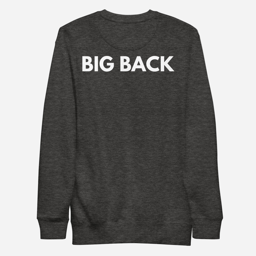 Charcoal Heather sweatshirt, back view with white "BIG BACK" lettering on the back.