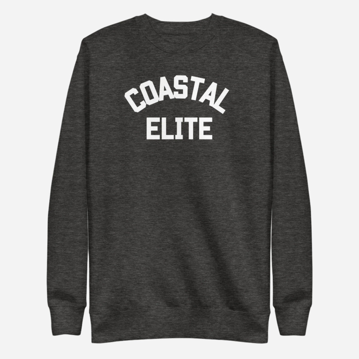 Charcoal Heather sweatshirt with white arched Coastal Elite lettering, front view.