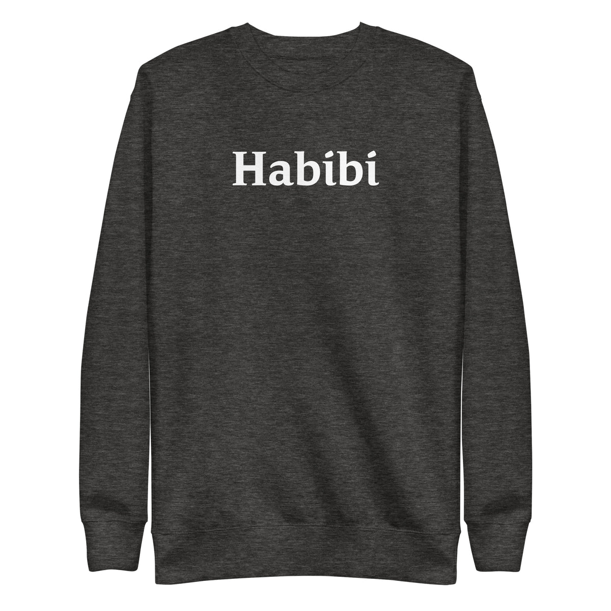 Charcoal Heather sweatshirt with white Habibi lettering, front view.