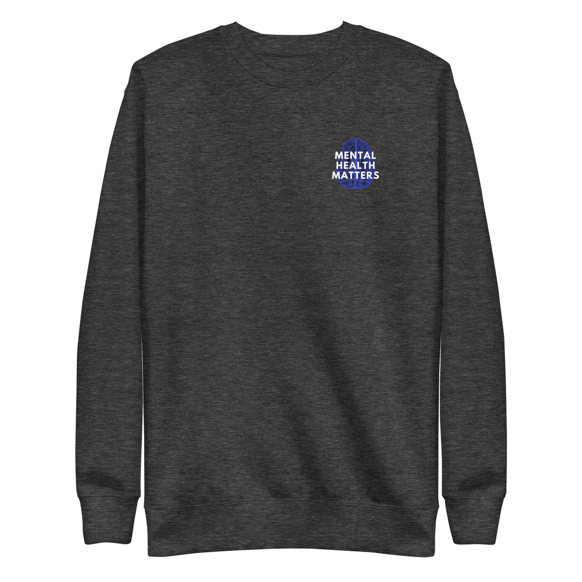 Charcoal Heather sweatshirt, front view, with a blue brain graphic and white 'Mental Health Matters' text on the chest.