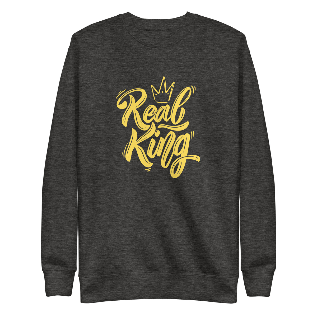 Charcoal Heather sweatshirt, front view with yellow "Real King" script and a crown graphic.