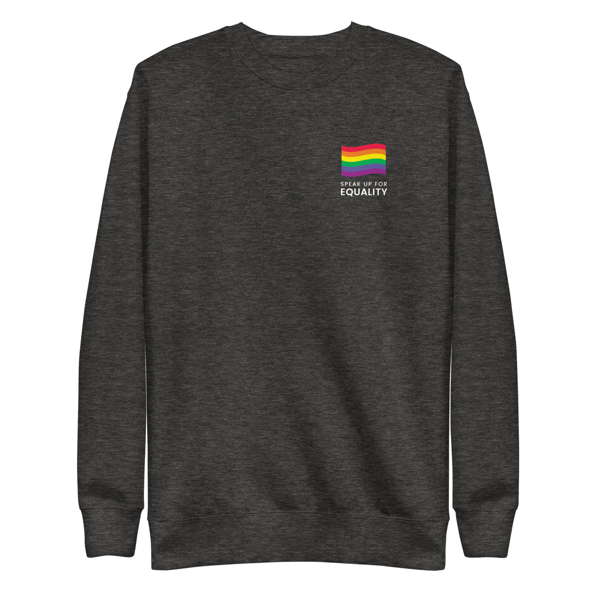 Charcoal Heather sweatshirt, front view with a rainbow flag and white "Speak Up for Equality" chest lettering.
