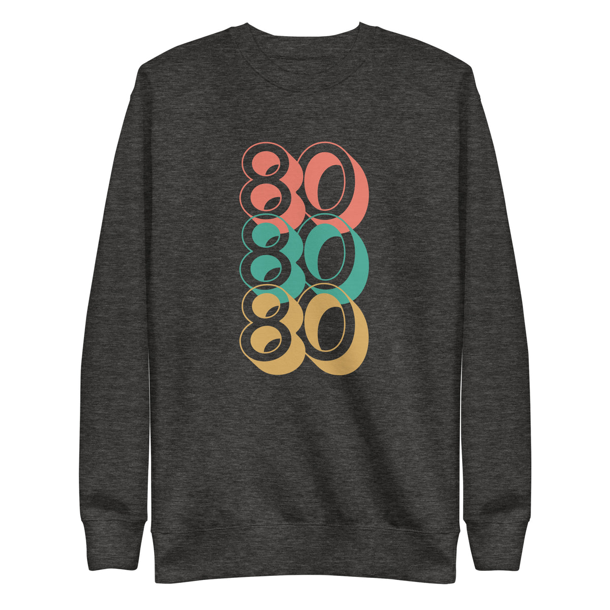 Charcoal Heather sweatshirt, front view with stacked red, green and yellow "80" numerals.
