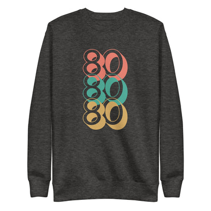 Charcoal Heather sweatshirt, front view with stacked red, green and yellow "80" numerals.