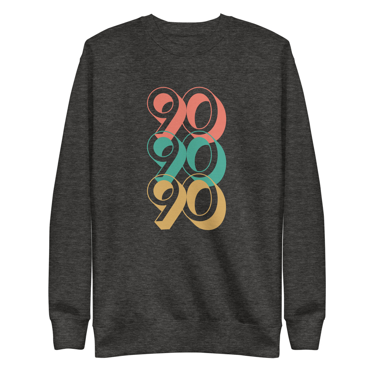 Charcoal Heather sweatshirt, front view, with three stacked '90' graphics in red, green and yellow.