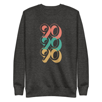 Charcoal Heather sweatshirt, front view, with three stacked '90' graphics in red, green and yellow.