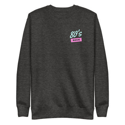 Charcoal Heather sweatshirt, front view with a mint-and-pink "80â€™s Rock" chest design.