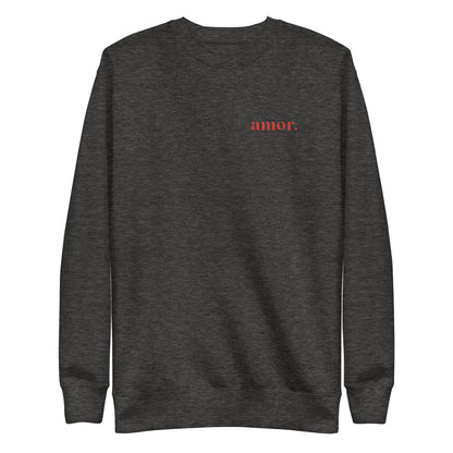 Charcoal Heather sweatshirt, front view with small red "amor." chest lettering.