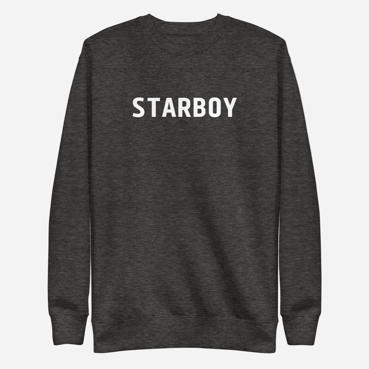 Charcoal Heather sweatshirt with white Starboy lettering, front view.