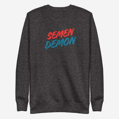 Charcoal Heather sweatshirt, front view with red and blue Semen Demon lettering.