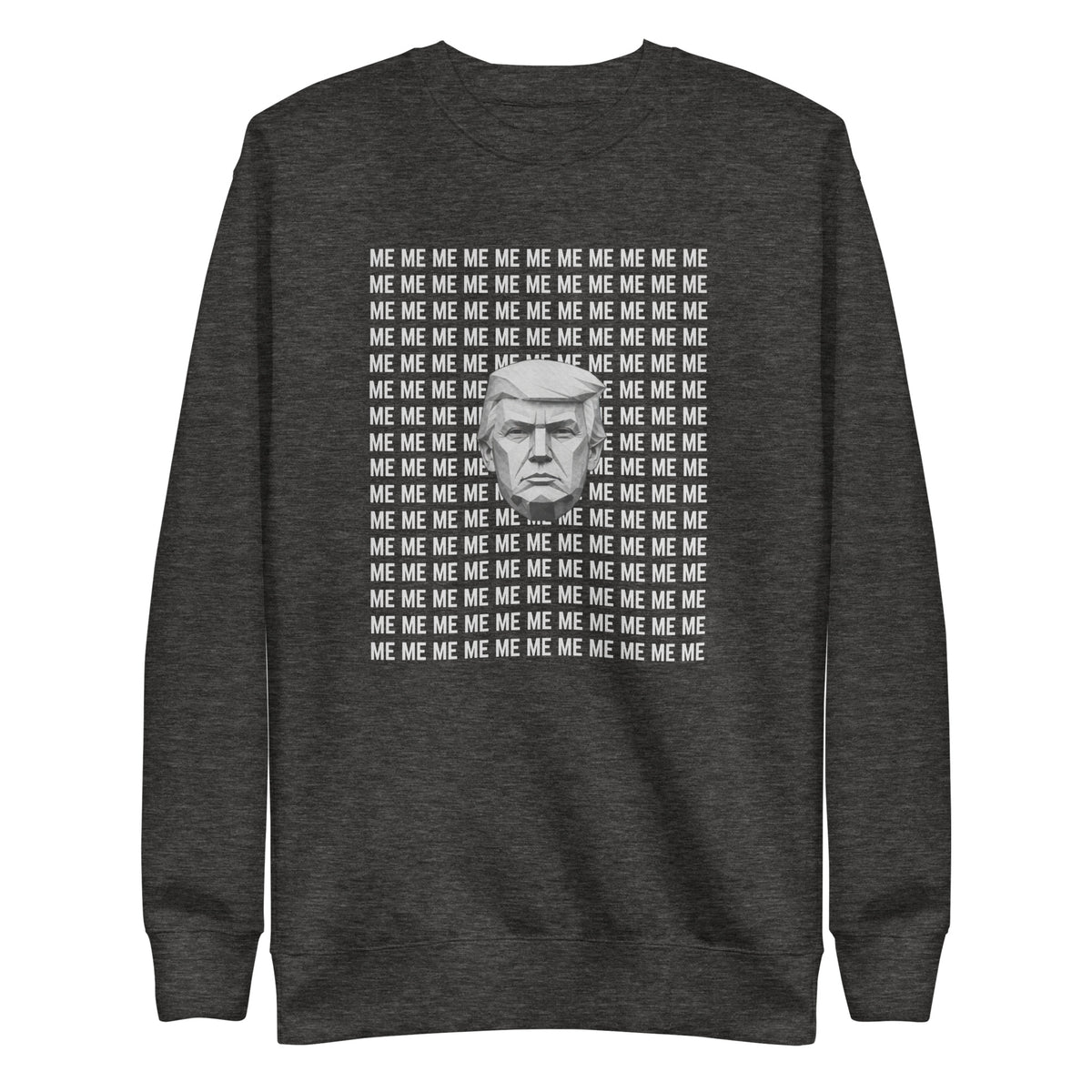 Charcoal Heather sweatshirt, front view, with a monochrome portrait surrounded by repeated white 'ME' lettering.