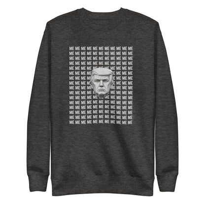 Charcoal Heather sweatshirt, front view, with a monochrome portrait surrounded by repeated white 'ME' lettering.