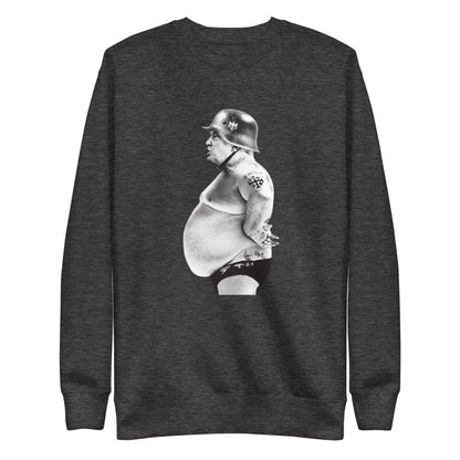 Full Metal Pedo sweatshirt in Charcoal Heather, front view with a monochrome helmeted figure graphic.