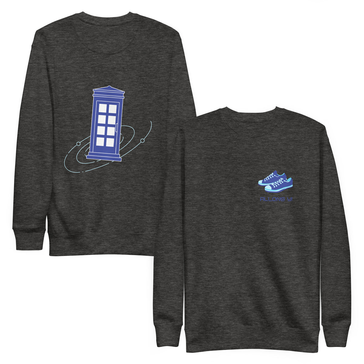 Charcoal Heather sweatshirt, front and back views, with a blue police box on the back and blue trainers with 'Allons Y' text on the front.