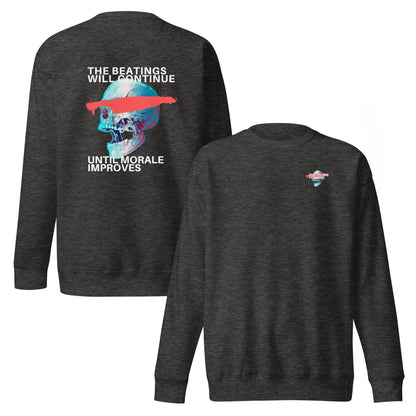 Charcoal Heather sweatshirt, front and back views, with a large skull and slogan on the back, plus a small chest graphic.