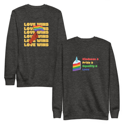 Charcoal Heather sweatshirt, front and back views, with a rainbow-striped graphic on the front and 'Love Wins' lettering on the back.