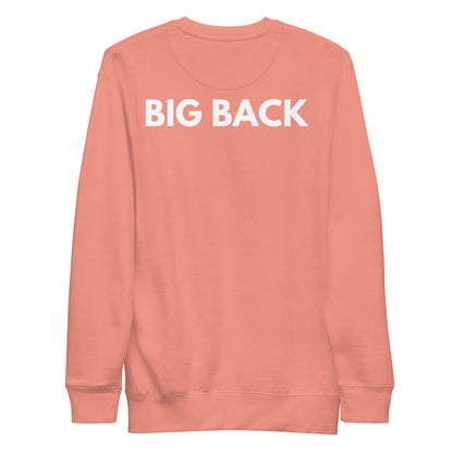 Dusty Rose sweatshirt, back view with white "BIG BACK" lettering on the back.