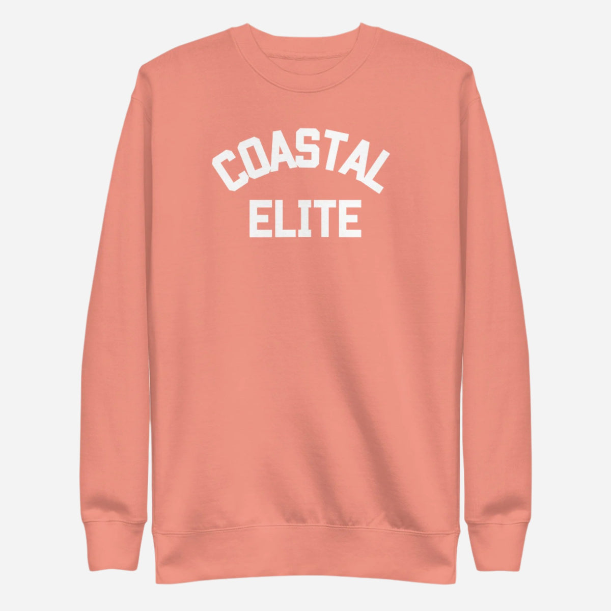 Dusty Rose sweatshirt with white arched Coastal Elite lettering, front view.