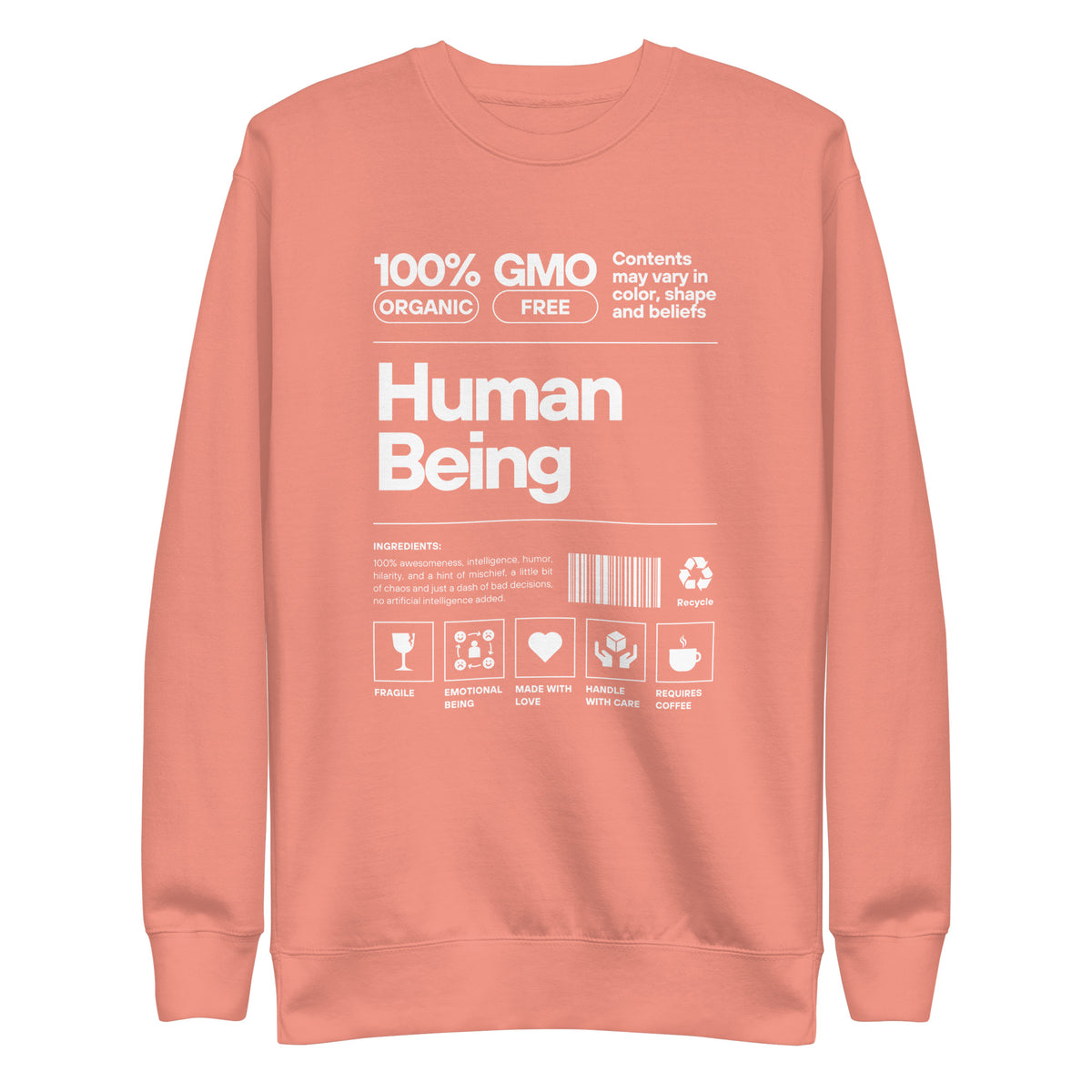 Dusty Rose sweatshirt, front view with a white "Human Being" label-style graphic.