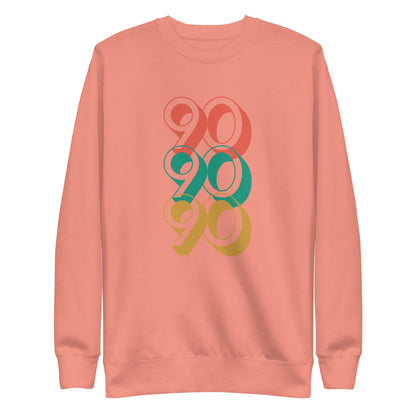 Dusty Rose sweatshirt, front view, with three stacked '90' graphics in red, green and yellow.