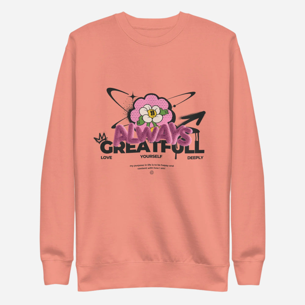 Dusty Rose sweatshirt with a pink flower and Always Grateful lettering, front view.