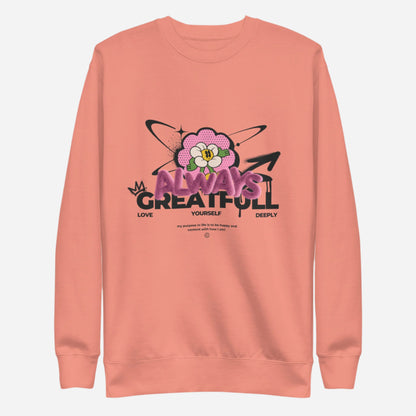 Dusty Rose sweatshirt with a pink flower and Always Grateful lettering, front view.