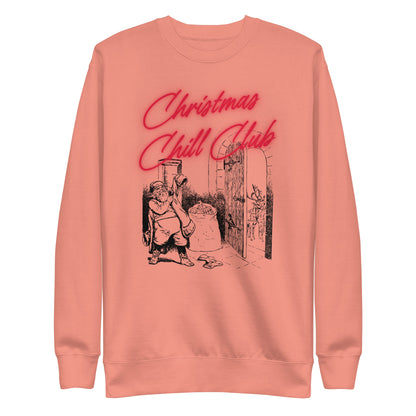 Dusty Rose sweatshirt with red Christmas Chill Club script and Santa illustration, front view.