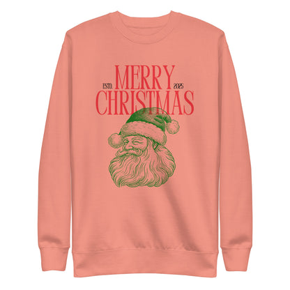 Dusty Rose sweatshirt, front view, with a green Santa portrait below red 'Merry Christmas' lettering and the year 2025.