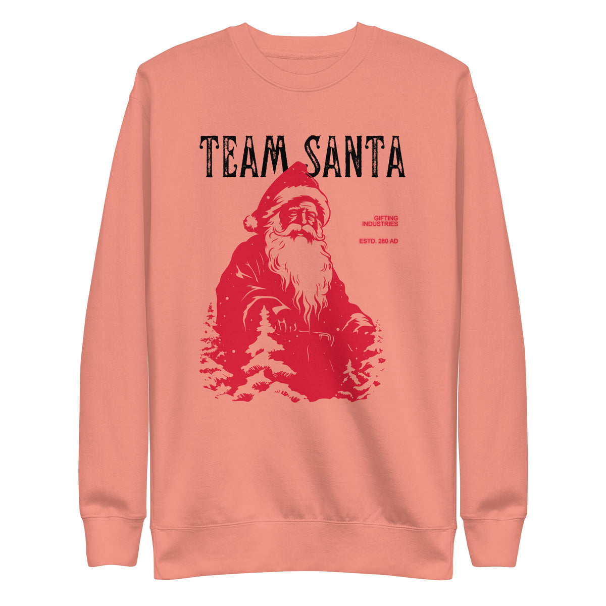Dusty Rose sweatshirt with a red Santa illustration and black Team Santa text, front view.
