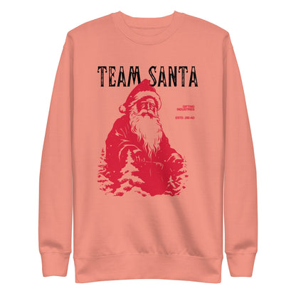 Dusty Rose sweatshirt with a red Santa illustration and black Team Santa text, front view.