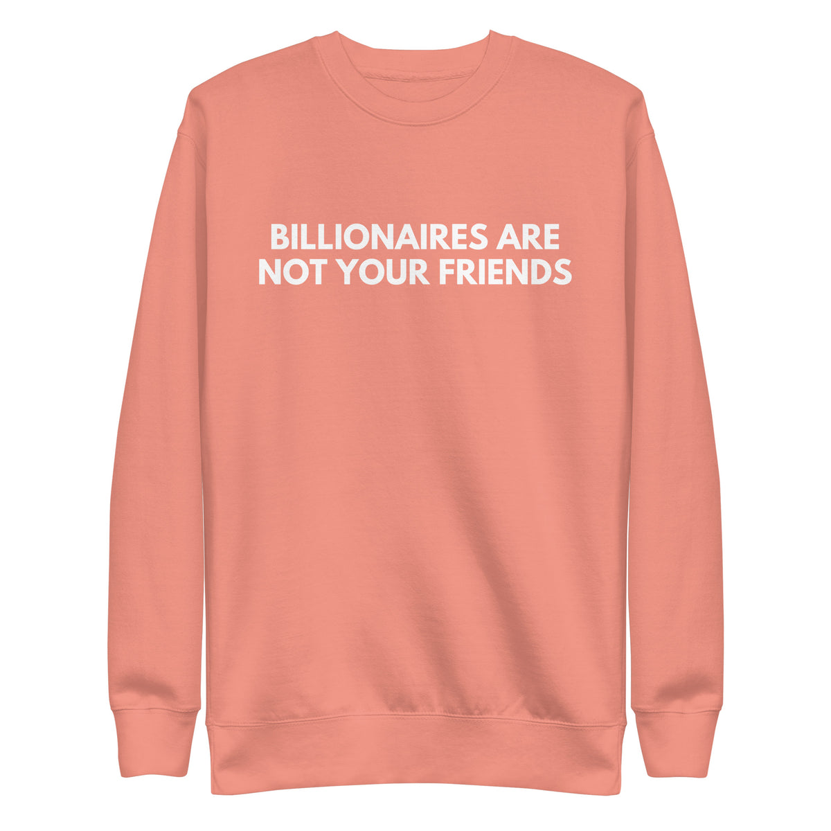 Dusty Rose sweatshirt with white Billionaires Are Not Your Friends lettering, front view.