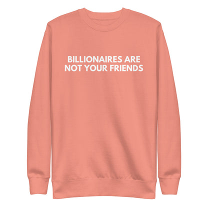 Dusty Rose sweatshirt with white Billionaires Are Not Your Friends lettering, front view.