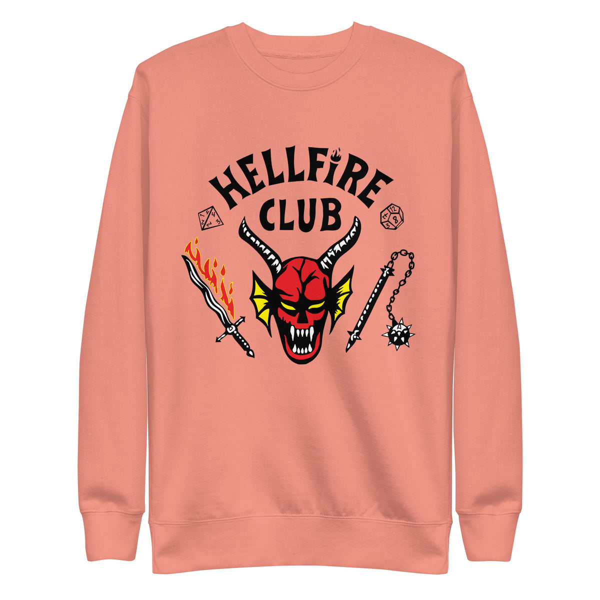 Dusty Rose sweatshirt with Hellfire Club lettering and a red horned-face graphic, front view.