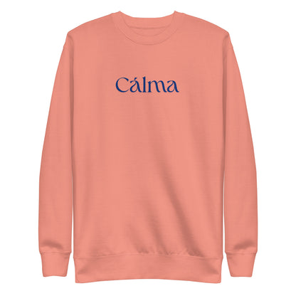 Dusty Rose sweatshirt, front view with blue Calma lettering.
