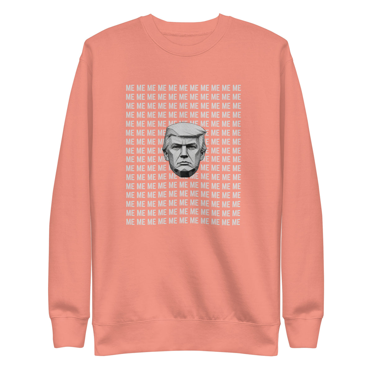 Dusty Rose sweatshirt, front view, with a monochrome portrait surrounded by repeated white 'ME' lettering.