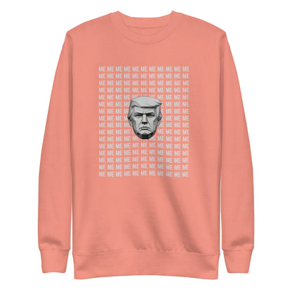Dusty Rose sweatshirt, front view, with a monochrome portrait surrounded by repeated white 'ME' lettering.