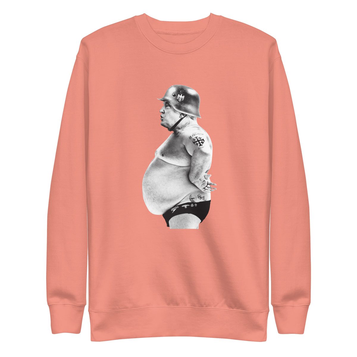 Full Metal Pedo sweatshirt in Dusty Rose, front view with a monochrome helmeted figure graphic.